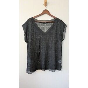 Eileen Fisher Laser Cut Sheer Top Medium Black Layering Overlay Lightweight